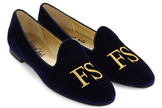 Slipper Navy Velvet/Gold Embroidery